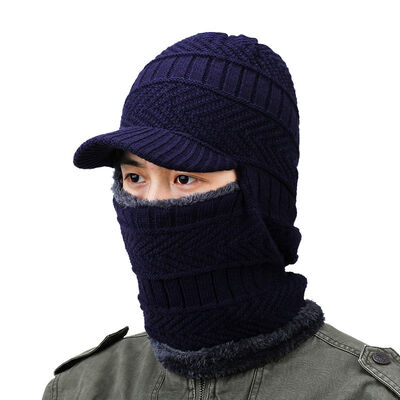 Men's Winter Wool Beanie Hat Windproof Knitted Pullover with Earflap Neck Cover Plaid Pattern Digital Printing for Travel