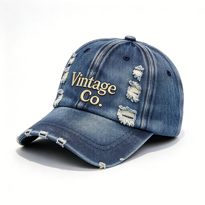 Distressed Vintage Denim Dad Hat Raised Embroidery Hand Wash Recommended Adjustable Strap For Different Head Sizes