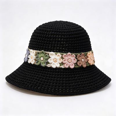 पुष्प बैंड Crochet Bucket Hat Cotton Yarn Wide Brim स्टाइलिश हेडवियर यात्रा के लिए एकदम सही Beach Daily Streetwear
