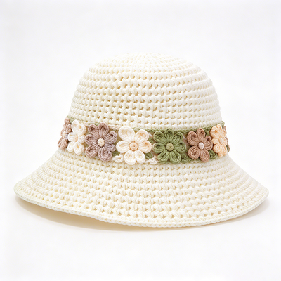 पुष्प बैंड Crochet Bucket Hat Cotton Yarn Wide Brim स्टाइलिश हेडवियर यात्रा के लिए एकदम सही Beach Daily Streetwear