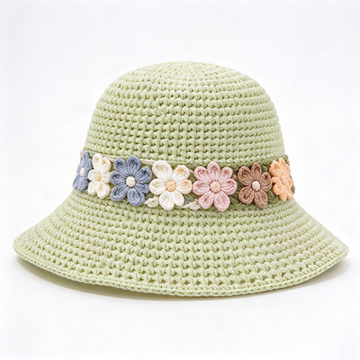 पुष्प बैंड Crochet Bucket Hat Cotton Yarn Wide Brim स्टाइलिश हेडवियर यात्रा के लिए एकदम सही Beach Daily Streetwear