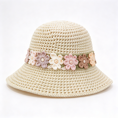पुष्प बैंड Crochet Bucket Hat Cotton Yarn Wide Brim स्टाइलिश हेडवियर यात्रा के लिए एकदम सही Beach Daily Streetwear