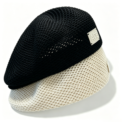 Classic Hollow Mesh Knit Beret Hat ACE Leather Label Beret Breathable Solid Color Beret For Fashion Street Daily Wear Support Customization