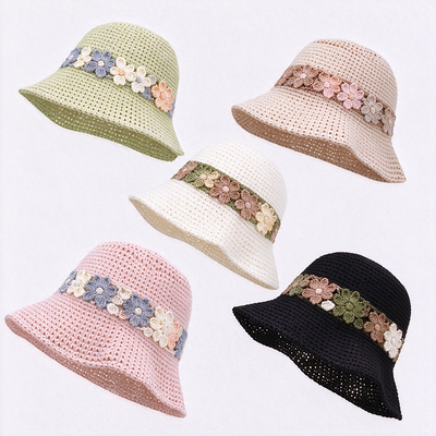पुष्प बैंड Crochet Bucket Hat Cotton Yarn Wide Brim स्टाइलिश हेडवियर यात्रा के लिए एकदम सही Beach Daily Streetwear